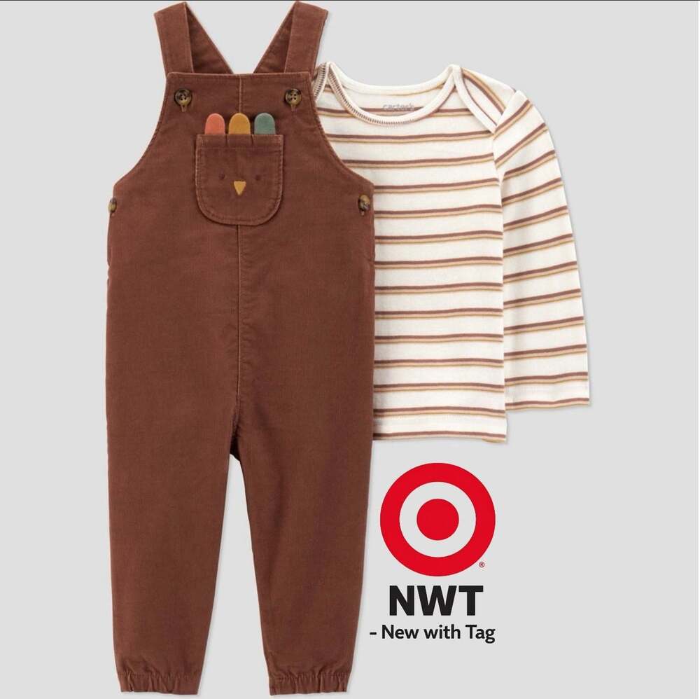 NWT Carter's Baby 2-Piece Thanksgiving Turkey Corduroy Overalls and Striped Shir